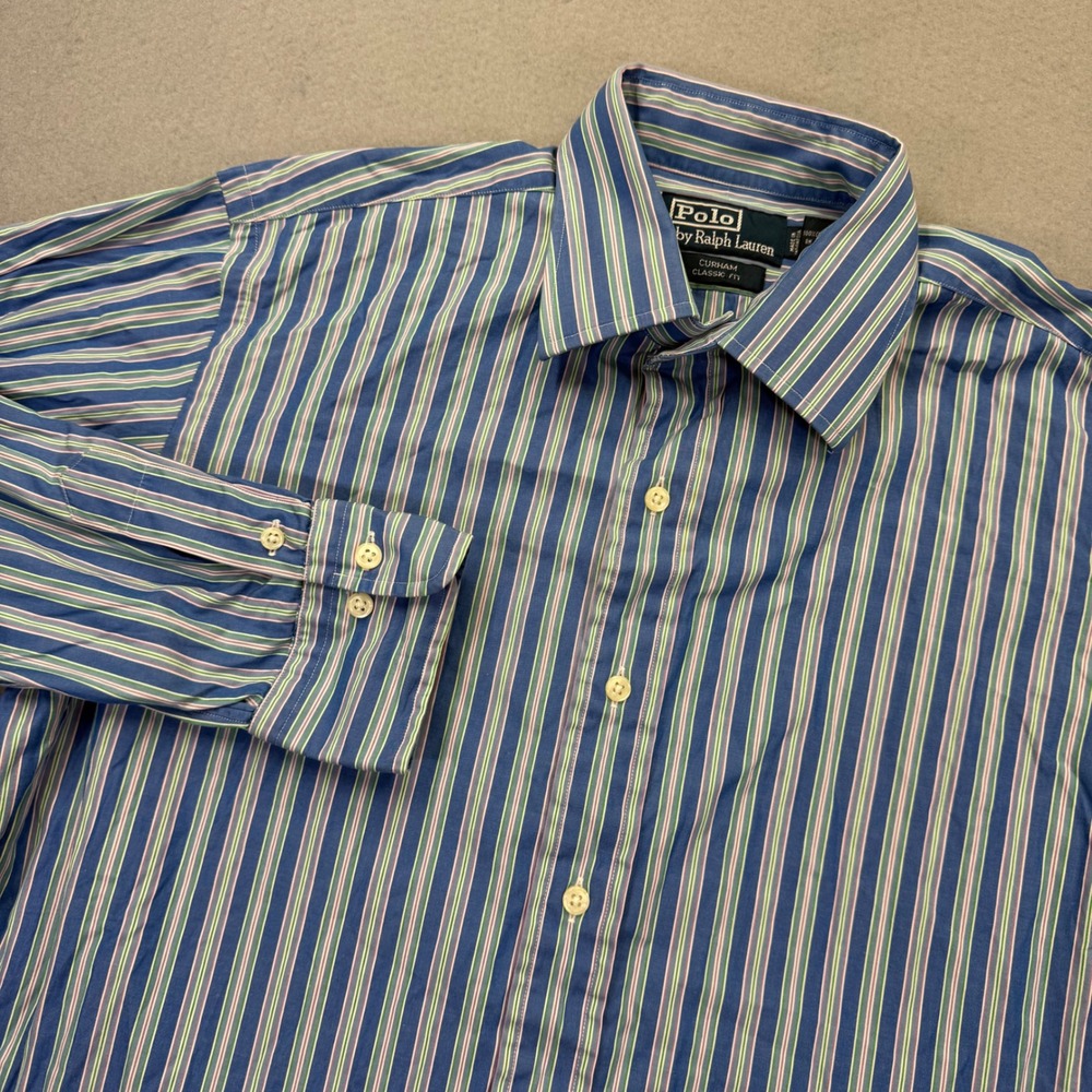 Polo Ralph Lauren Curham Classic Fit Mens 15.5 M Blue Striped Cotton Dress Shirt